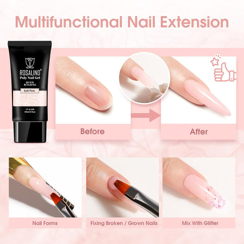 ROSALIND Soft Pink Poly Nail Gel, 2 oz Poly Extension Gel for Nail Art Decoration, Easy to DIY, Pink Nail Enhancement