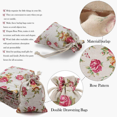 24 Pack Rose Double Drawstring Burlap Bags - 5.5"x 4" Reusable Linen Gift Pouches for Wedding Party