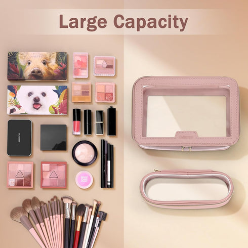 Travel Clear Makeup Bag with Makeup Brush Bag, Portable Waterproof Cosmetic Organizer Storage Bag for Women, Pink