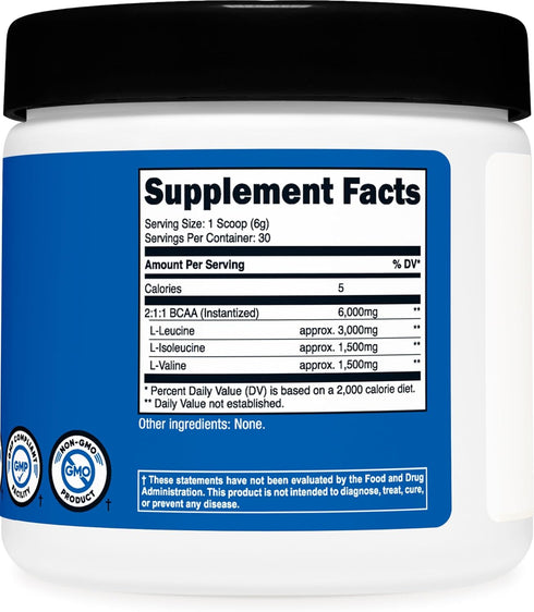 Nutricost BCAA Powder (Unflavored, 30 Servings) - Non-GMO, Gluten Free, Vegetarian, Optimal 2:1:1 Ratio