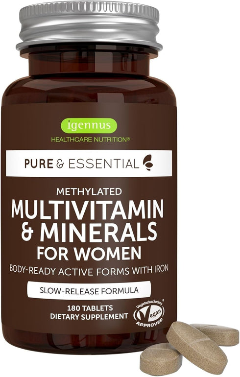 Igennus High Potency Methylated Multivitamin for Women, Non-GMO & Halal, 180 Tablets with Active B-Vitamins