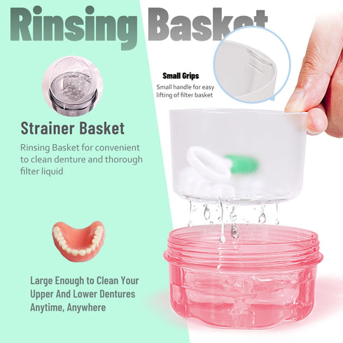 No Leak & Non-Slip Partial Denture Case, Retainer Bath Box with Strainer Basket and Brush, Dishwasher Safe
