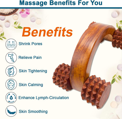 HATHKAAM Massage Roller, 5.5" Rosewood Handheld 4 Wheel Accupressure Massager for Full Body Pain Relief and Cellulite