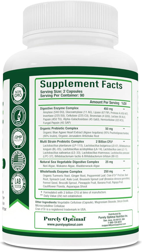 Purely Optimal Digestive Enzyme Supplement, Comprehensive Gut Health Support with 12 Enzymes, 180 Capsules