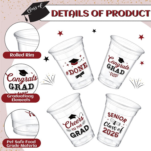 Yiyiring 100 12oz 2026 Pcs Graduation Disposable Cups Class of Cups Congrats Grad Glasses Elegant Graduation Party