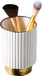 IEEK Glass Makeup Brush Holder Organizer - White and Gold Ceramic Cup for Brushes, Modern Striped Vase