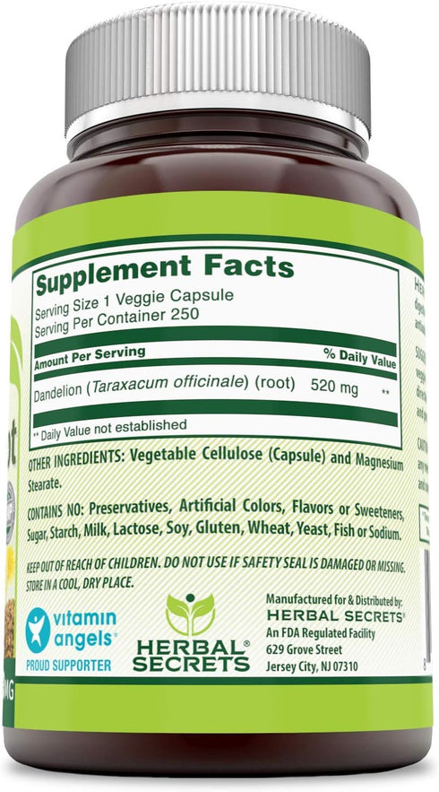 Herbal Secrets Dandelion Root 520 mg Veggie Capsules - Non-GMO, Gluten Free Supplement Made in USA (250 Count)