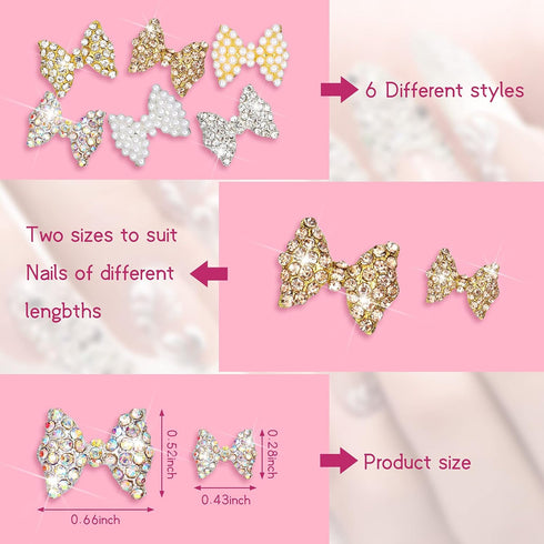 Maitys 24 Pieces Nail Bows Charms, Rhinestones 3D Charms Alloy Pearl Bow Knot Accessory for Women DIY Valentine Salon