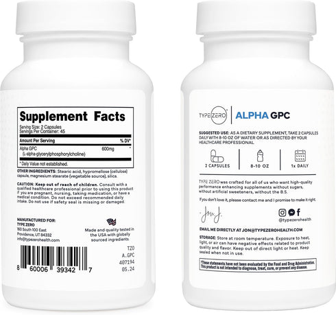 Type Zero Ultra Clean Alpha GPC Choline Supplement (90 Capsules | 600mg) Non-GMO, Soy Free Nootropics for Brain Focus