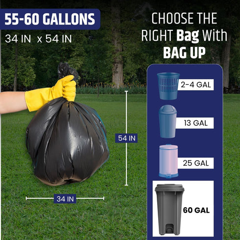 BAG UP Solutions Stronghold Trash Bags - Heavy Duty Contractor Bags Made From Recycled Plastic - 55-60 Gallons (150