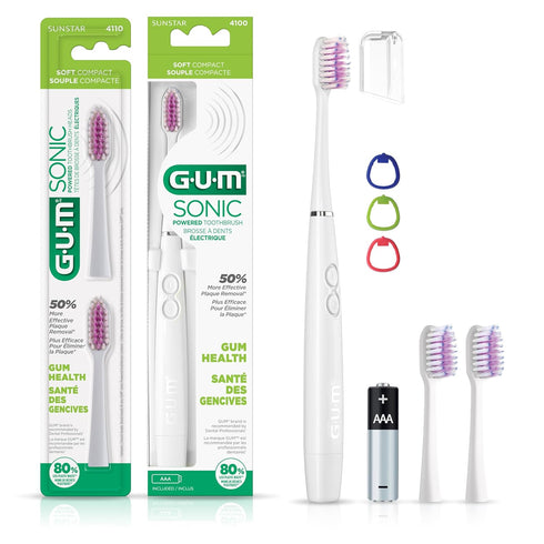 GUM Sonic Powered Toothbrush, Tapered Bristles Clean Below The Gumline, Bundle, White, 1 Handle + 2 Refills