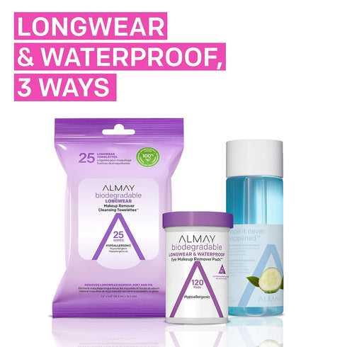 Almay Biodegradable Makeup Remover Pads - Longwear & Waterproof, Hypoallergenic, Fragrance-Free, 120 Count