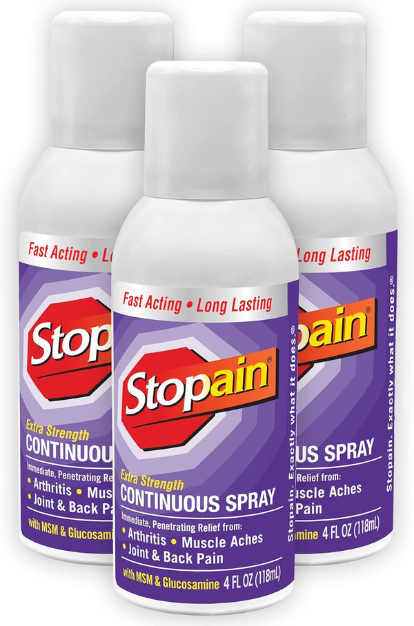 Stopain Pain Relief Spray - 4oz (3 Pack), Max Strength with MSM, Glucosamine, Menthol for Arthritis