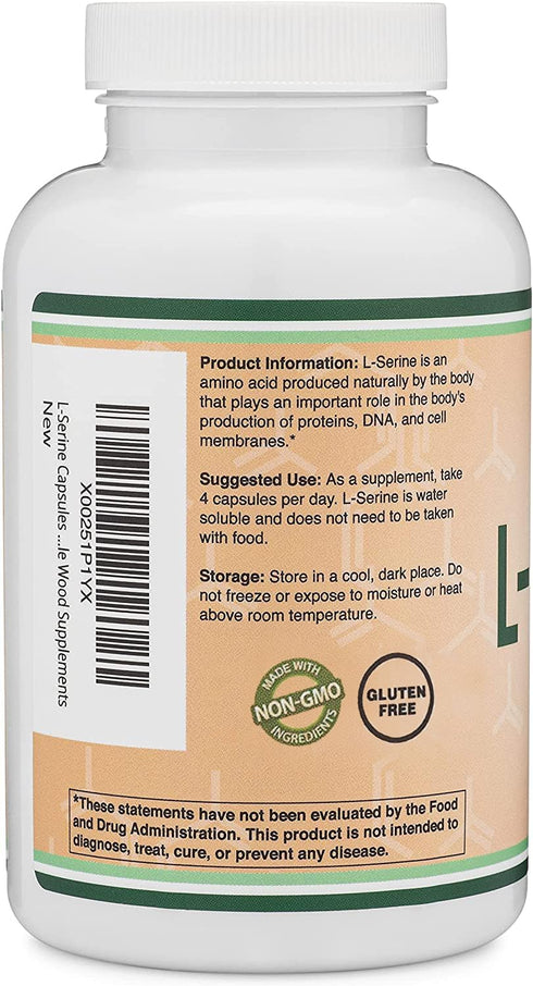 L-Serine Capsules, 2000mg Servings, 180 Count - Amino Acid for Serotonin Production & Brain Support, Third Party Tested