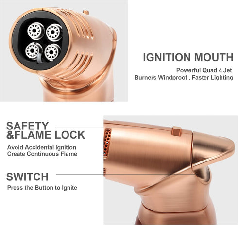 Torch Lighter, Windproof Quad 4 Jet Flame Butane Refillable Lighter with Safety Lock for Kitchen Grill BBQ Candle