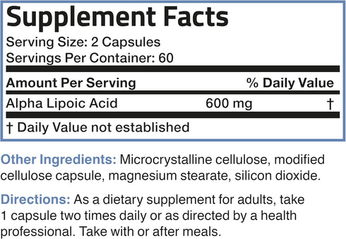 Bronson Alpha Lipoic Acid 600 MG - 120 Vegetarian Capsules (60 Servings) for Antioxidant Health & Free Radical