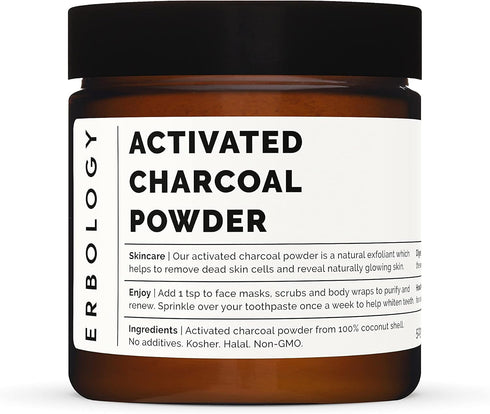 Erbology Activated Charcoal Powder 1.8 oz for Teeth Whitening, Natural Digestive Aid, Vegan, Recyclable Glass Jar