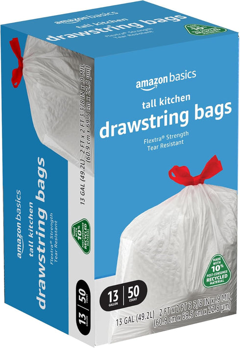 Amazon Basics Flextra Tall Kitchen Drawstring Trash Bags, 13 Gallon, 50 Count, 10% Post Consumer Recycled