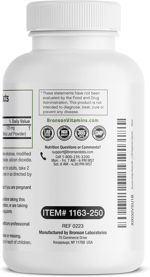 Bronson Ginkgo Biloba Extra Supports Memory & Brain Function, 250 Vegetarian Capsules