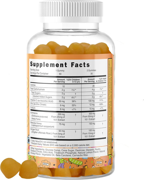 5-in-1 Kid's Immune Support Gummy with Manuka Honey, Vitamin C, Zinc, Echinacea, Ginger - 60 Count, Natural Citrus