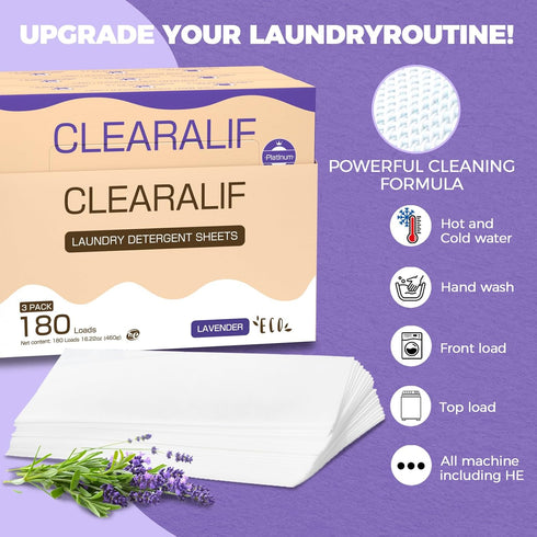 Laundry Detergent Sheets Up to 180 Loads, Fresh Lavender - Eco-Friendly, Great for Travel, Apartments, Dorms