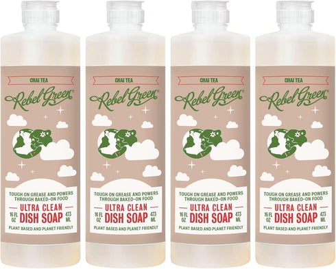 Rebel Green Super Deluxe Dish Soap - Natural Dishwashing Soap - Liquid Dish Detergent - Sustainable Dish Liquid Scented with Chai Tea - (16 oz Bottles, 4 Pack)
