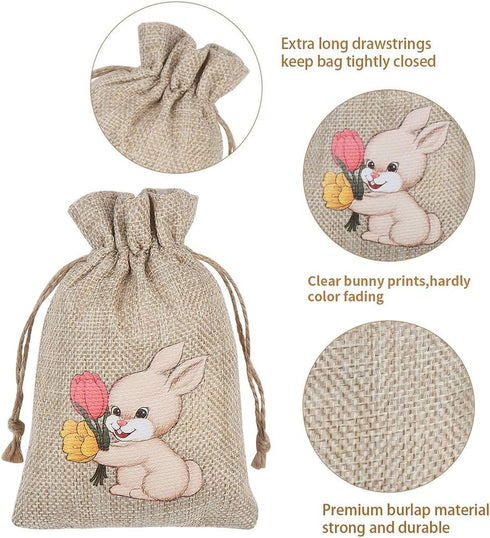 CCINEE 36PCS Easter Burlap Bags with Drawstring, Bunny Jute Goody Bags for Kids Party Favor Supply