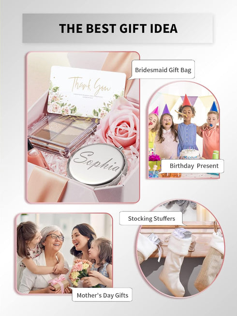 Compact Mirror for Purse, Double-Sided 1X/2X Magnifying Metal Pocket Makeup Mirror - Round, Silver
