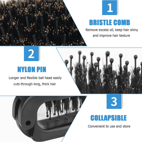 2Pcs Travel Folding Hair Brush, Collapsable Portable Pocket Boar Bristle Hair Brush for Thin Thick Hair, Mini HairBrushfor Men Women Kids Thick Thin Curly Straight Wet Dry Hair Restore Shine, Black