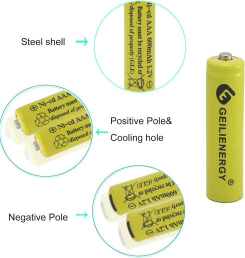 GEILIENERGY NiCd AAA 1.2V 600mAh Triple A Rechargeable Batteries for Solar Light, 12 PCS