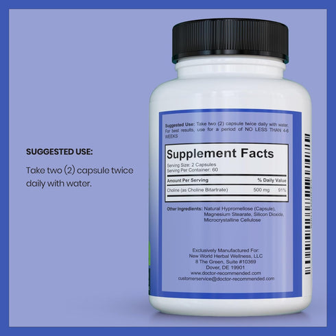 DOCTOR RECOMMENDED SUPPLEMENTS Premium Choline - 500 mg - 120 Veggie Capsules for Cognitive Health, Memory & More - 3