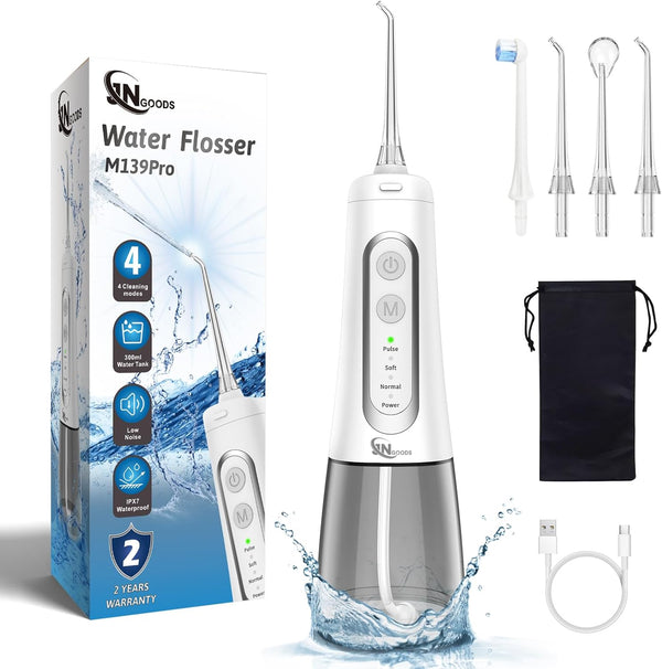 Cordless Water Dental Flosser, JNGOODS 300ml Rechargeable Oral Irrigator, IPX7 Waterproof, 4 Modes, 4 Jet Tips (White)