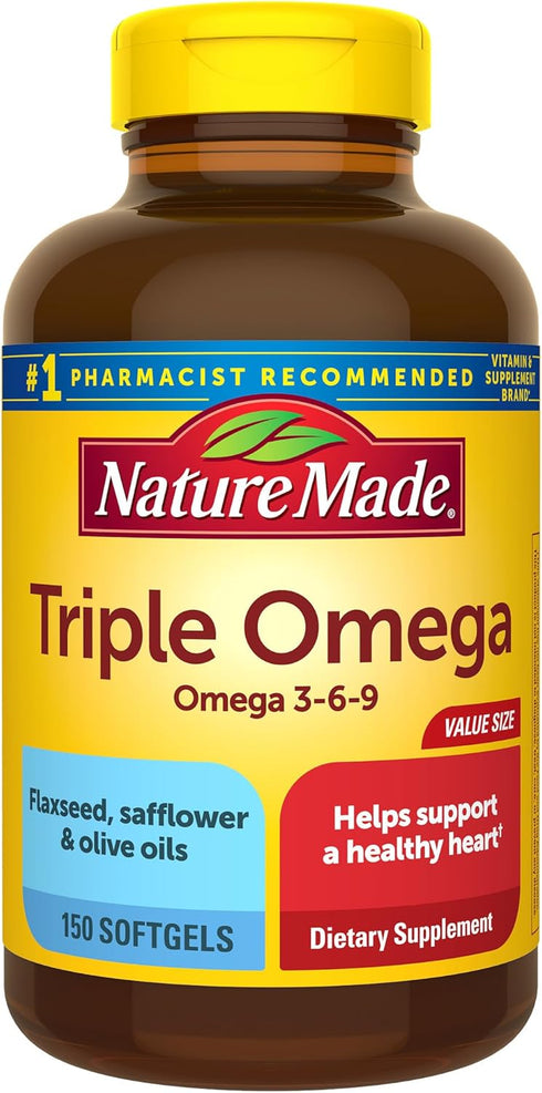 Nature Made Triple Omega 3 6 9, Flaxseed, Safflower, & Olive Oils, 150 Softgels, Fish Free Omega 3 Supplement
