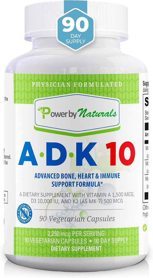 Power By Naturals ADK Vitamin Supplement: High Potency Vitamin A, D3 & K2, 10000 IU for Heart, Immune & Strength, 90