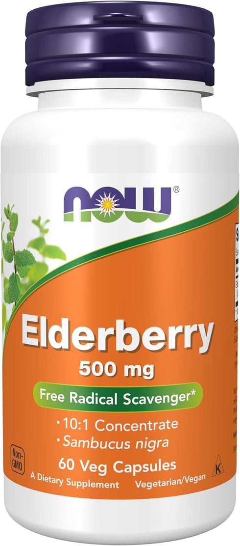 NOW Supplements Elderberry (Sambucus nigra) 500 mg, 10:1 Concentrate, 60 Veg Capsules
