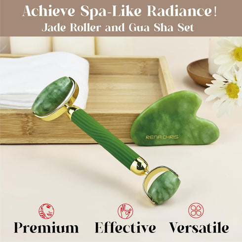 Rena Chris Face Roller & Gua Sha Set, Natural Jade Massage Tools for Jawline Sculpting and Puffiness Reducing, Beauty & Skincare