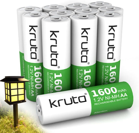Kruta Rechargeable AA Batteries 12-Pack, 1600mAh 1.2V NiMH High Capacity for Outdoor Solar Lights