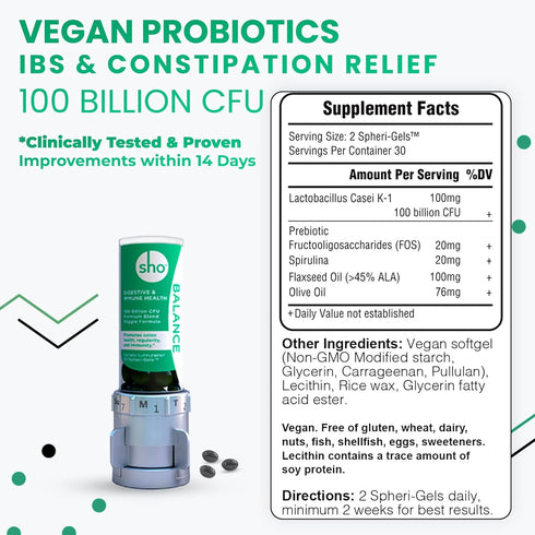 SHO Balance 100 Billion CFU Prebiotics & Probiotics for Digestive Health, Gut Health Vegan Supplement for Women & Men, Lactobacillus Casei, Shelf Stable 60 Softgels with Dispenser