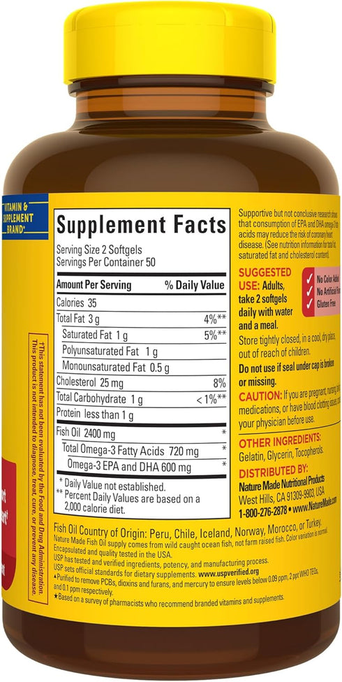 Nature Made Fish Oil 1200 mg Softgels | Omega 3 Fish Oil for Healthy Heart Support | 100 Softgels, 50 Day Supply