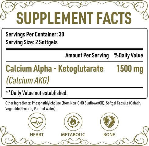 Liposomal Calcium AKG Supplement 1500 MG (Alpha-Ketoglutaric Acid), High Absorption, More Effective Than AAKG, Ca AKG for Longevity, Age Defense, Cellular Energy, Metabolic Function, 60 Softgels