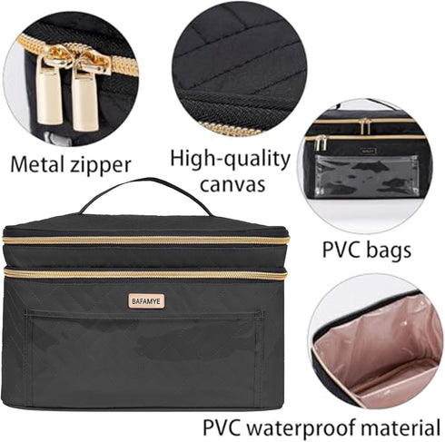 8.8L Double Layer Travel Makeup Bag, Large Cosmetic Case for Travel-Size Accessories, Brushes, and Skin Care - Black