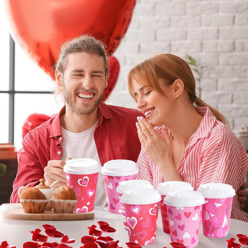 Pascliyna 100 Set 12oz, 5 Valentines Disposable Coffee Cups with Lids Pink Heart Print Disposable Paper Cups, Styles