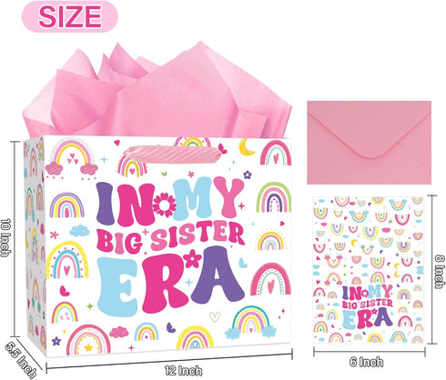 Set 12 Inch Big Sister Gift Bags - In My Big Sister Era Bag with Greeting Card Envelope Tissue Paper for Girls Sisters