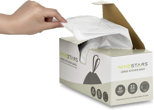 NSTB-21-90 21 79 30 Count, Pack 3 Ninestars Extra Strong White Trash Bag w/Drawstring Closure, Gal. / L.
