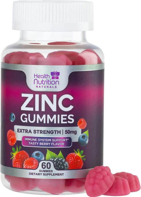 Zinc Immune Support Supplement 50mg, 60 Gummies - Max Strength for Radiant Skin & Immune Health, Vegan