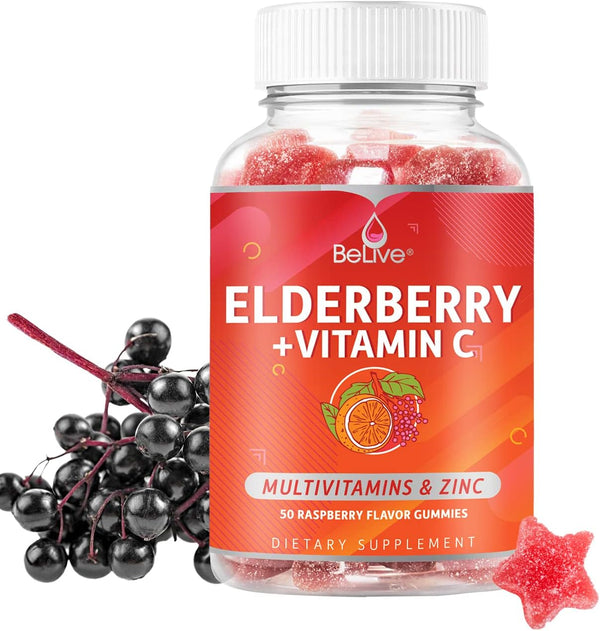 BeLive Elderberry Gummies with Zinc, Vitamin C, D, A, E, B12 - 50 Ct Immune Support Supplement, Vegan, Raspberry
