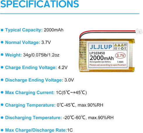 JLJLUP 2Pcs 3.7V 2000mAh Pack 2.0mm ESP32 Lipo Battery Rechargeable Lithium Polymer Batteries with PH Connector