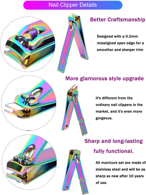 SFYDOM Women's Rainbow Leather Manicure Set, 18 Pcs Rainbow Manicure Kits Nail Clippers Gift for Women