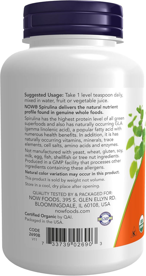 NOW Foods Certified Organic Spirulina Powder, 4-Ounce, Rich in Beta-Carotene (Vitamin A) and B-12