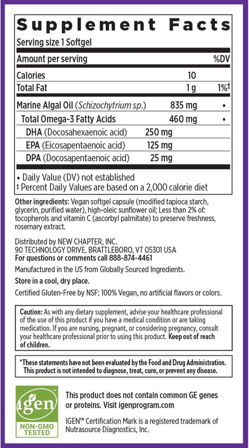 New Chapter Vegan DHA, EPA, DPA Supplement, Vegan Omega-3 Complex, 30 Vegan Softgels